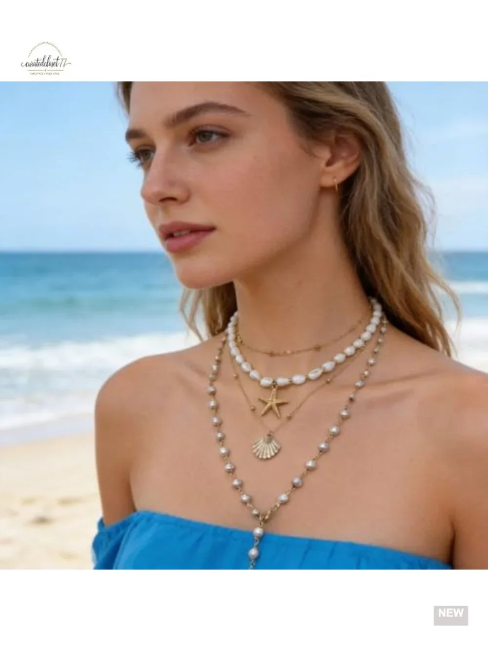 Gold Chain Shell Pearl Layered Beach Necklace Set